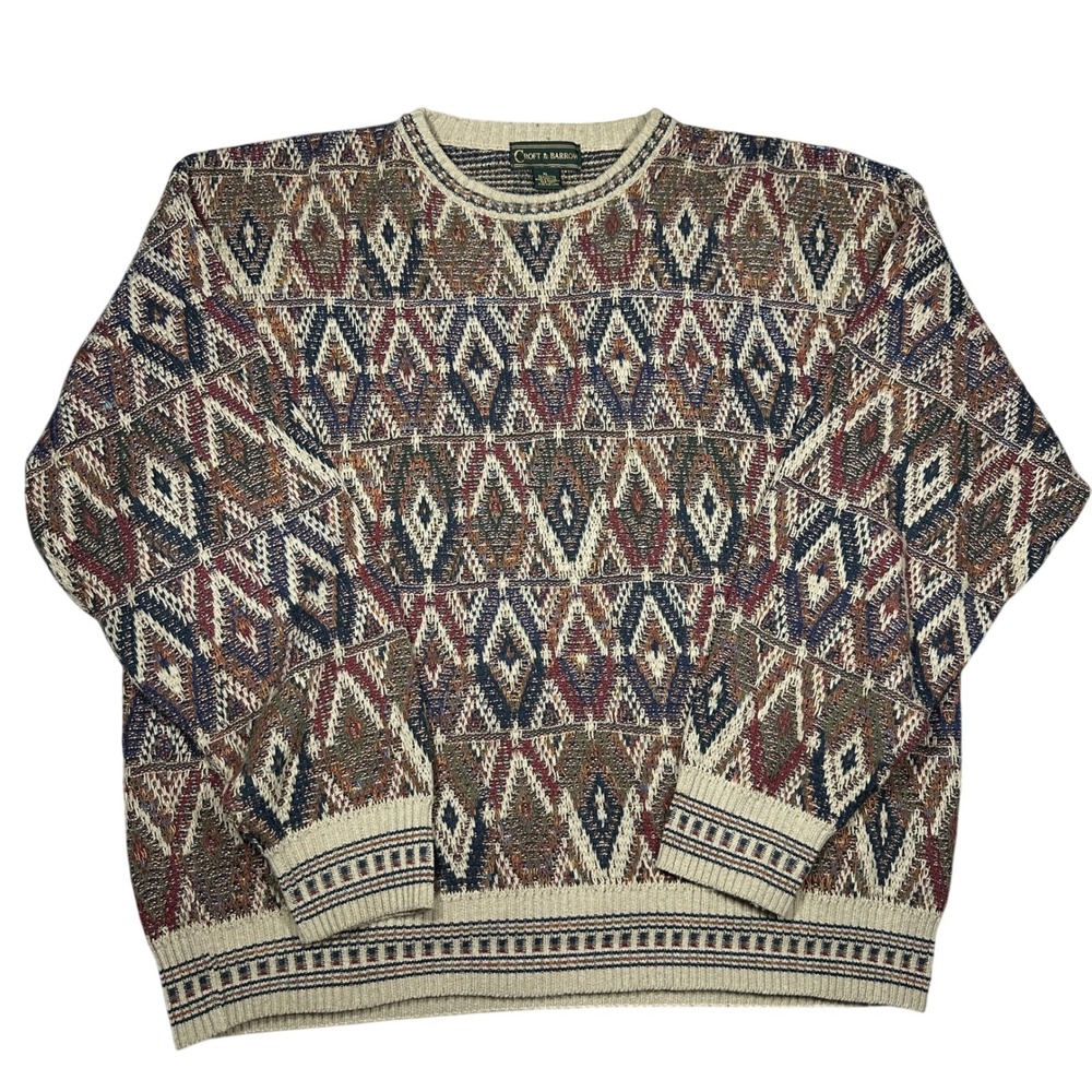 VTG Croft & Barrow Mens XL Geometric Diamond Knit Crewneck Sweater Multi-Color
